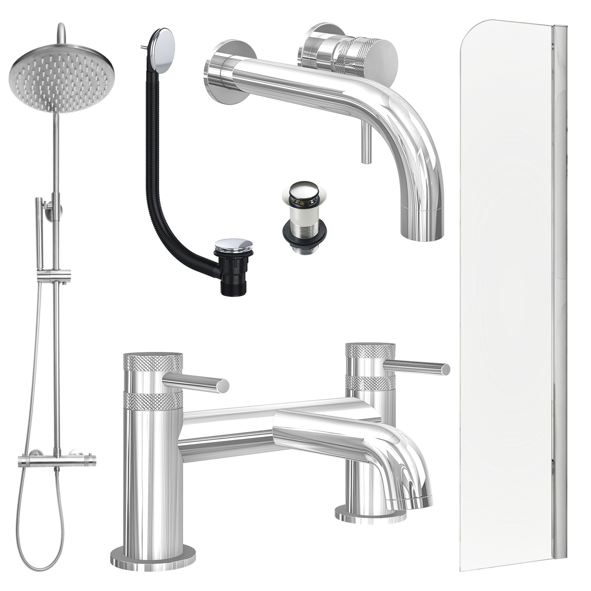 Chrome Wall Mounted Basin Mixer Tap, Bath Filler and Rigid Shower with Unslotted Basin and Bath Waste and Radius Bath Screen