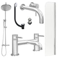Chrome Wall Mounted Basin Mixer Tap, Bath Filler and Rigid Shower with Slotted Basin and Bath Waste and Radius Bath Screen