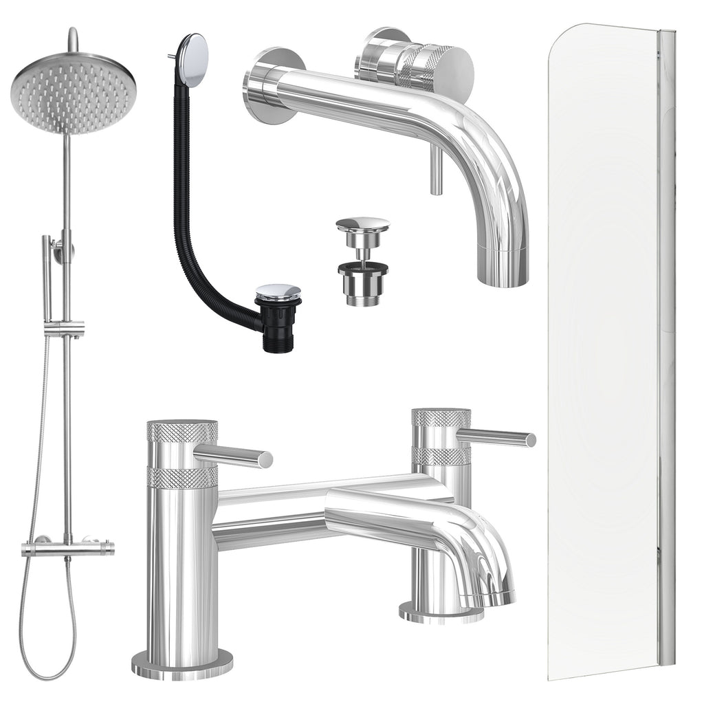 Chrome Wall Mounted Basin Mixer Tap, Bath Filler and Rigid Shower with Universal Basin and Bath Waste and Radius Bath Screen