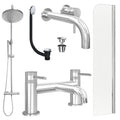 Chrome Wall Mounted Basin Mixer Tap, Bath Filler and Rigid Shower with Universal Basin and Bath Waste and Radius Bath Screen