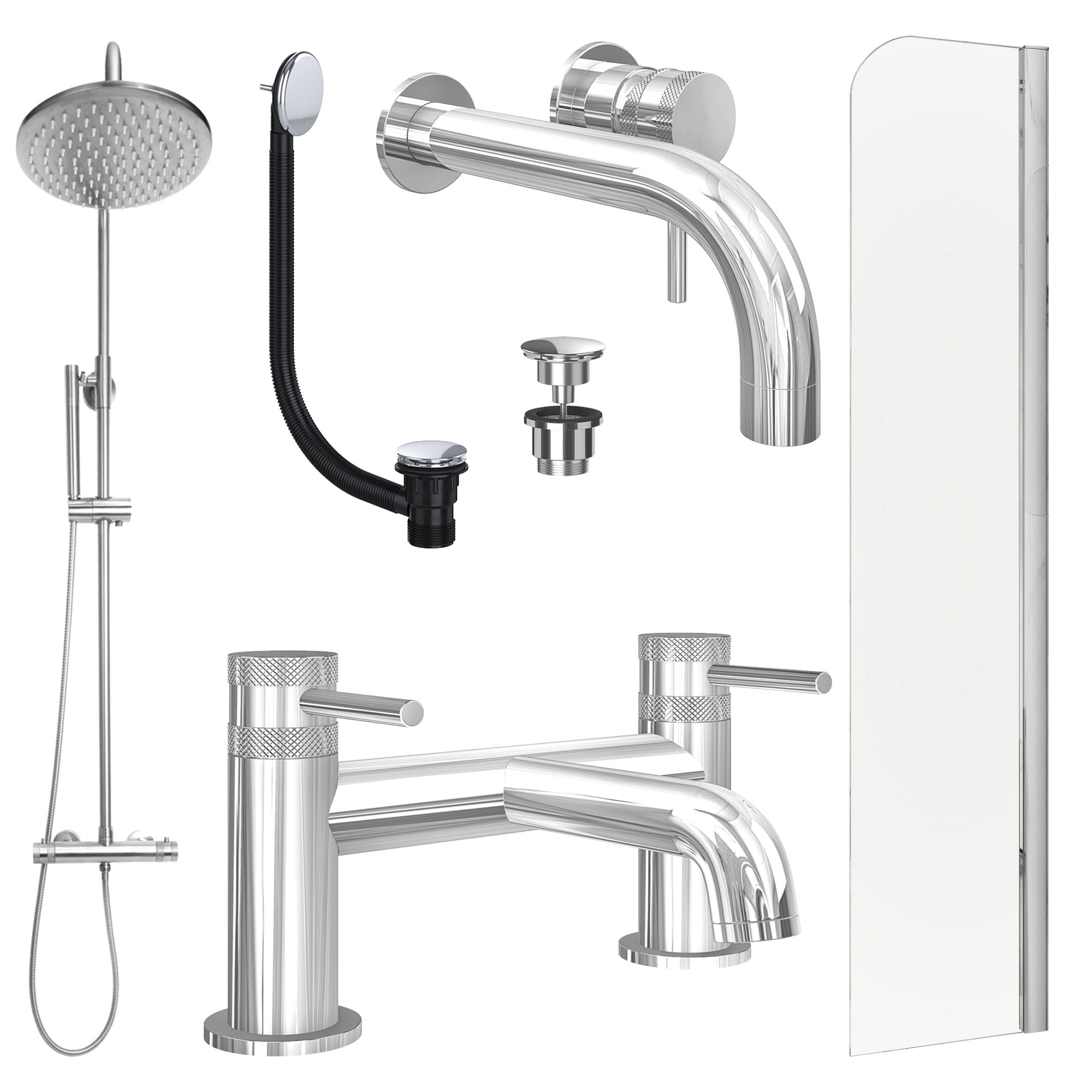 Chrome Wall Mounted Basin Mixer Tap, Bath Filler and Rigid Shower with Universal Basin and Bath Waste and Radius Bath Screen