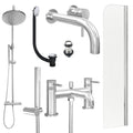 Chrome Wall Mounted Basin Mixer Tap, Bath Shower Mixer and Rigid Shower with Unslotted Basin and Bath Waste and Radius Bath Screen