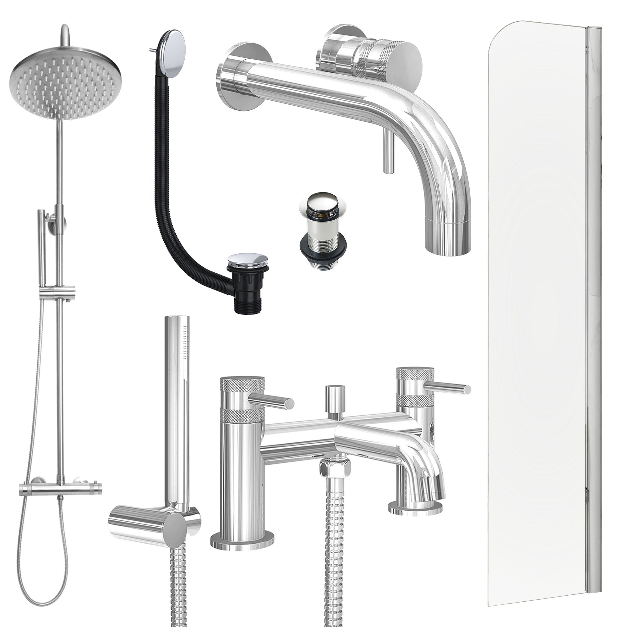 Chrome Wall Mounted Basin Mixer Tap, Bath Shower Mixer and Rigid Shower with Unslotted Basin and Bath Waste and Radius Bath Screen