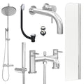 Chrome Wall Mounted Basin Mixer Tap, Bath Shower Mixer and Rigid Shower with Slotted Basin and Bath Waste and Radius Bath Screen