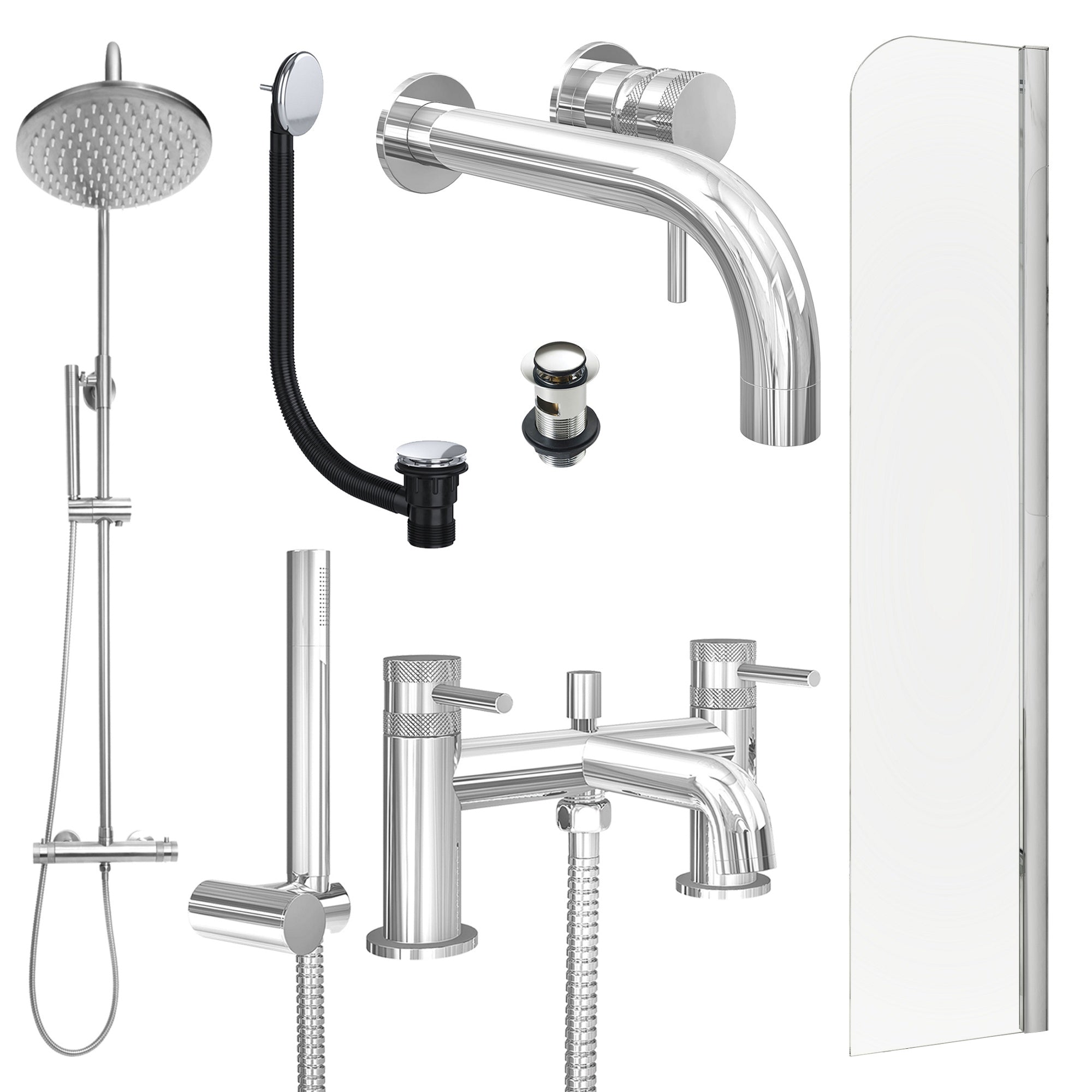 Chrome Wall Mounted Basin Mixer Tap, Bath Shower Mixer and Rigid Shower with Slotted Basin and Bath Waste and Radius Bath Screen