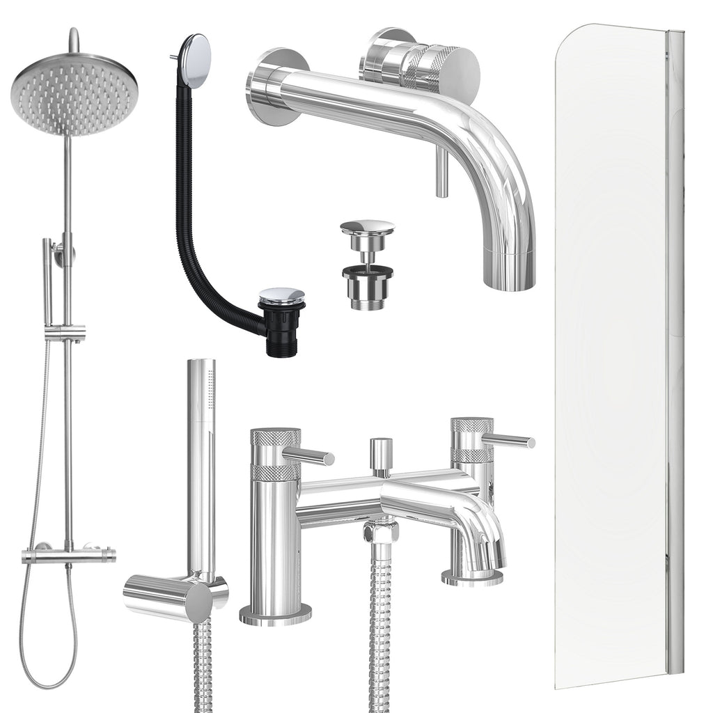 Chrome Wall Mounted Basin Mixer Tap, Bath Shower Mixer and Rigid Shower with Universal Basin and Bath Waste and Radius Bath Screen