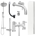 Chrome Wall Mounted Basin Mixer Tap, Bath Shower Mixer and Rigid Shower with Universal Basin and Bath Waste and Radius Bath Screen