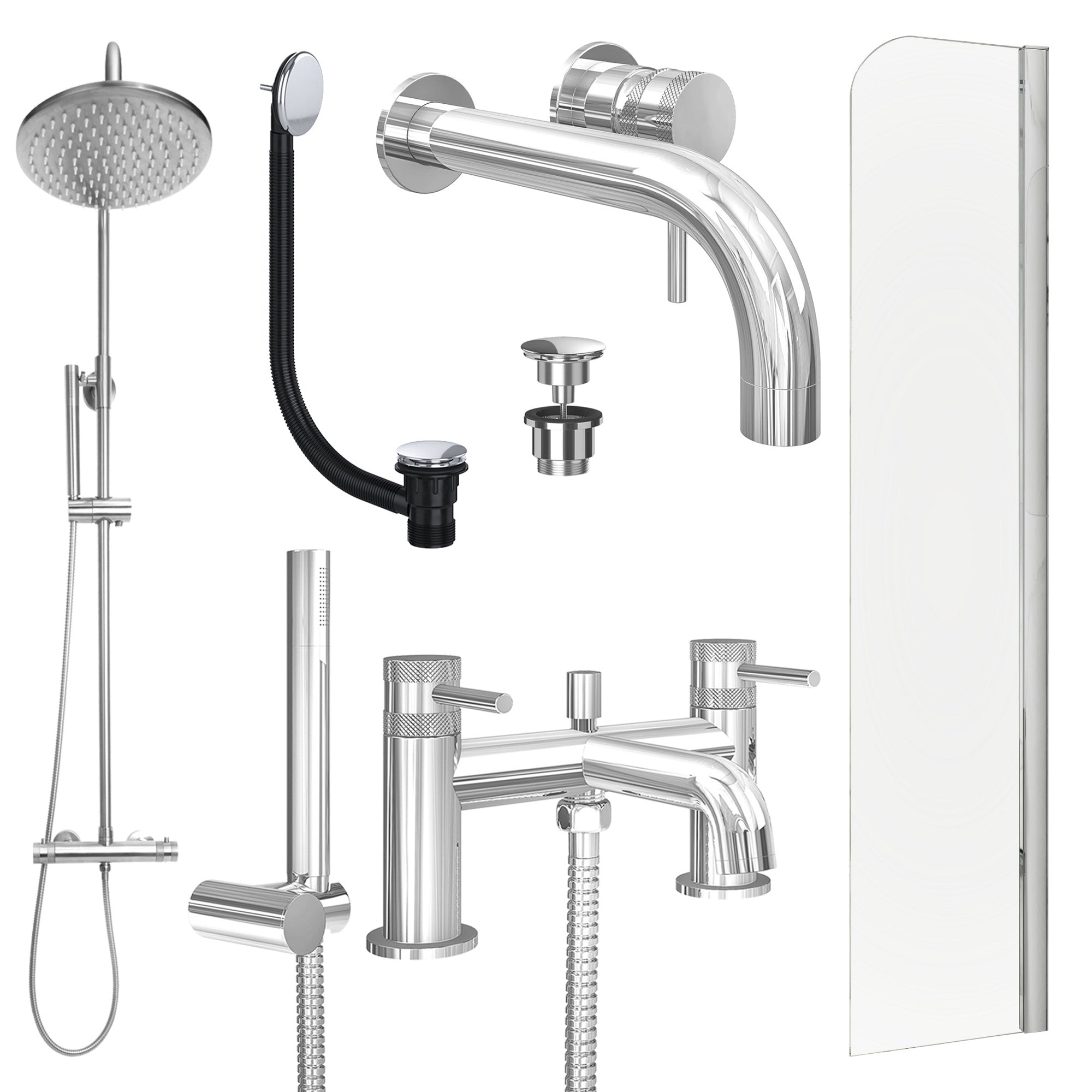 Chrome Wall Mounted Basin Mixer Tap, Bath Shower Mixer and Rigid Shower with Universal Basin and Bath Waste and Radius Bath Screen