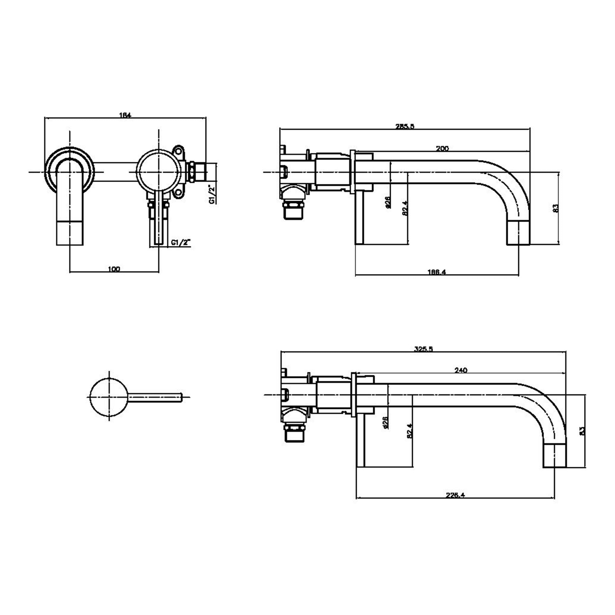 Chrome Wall Mounted Basin Mixer Tap, Bath Shower Mixer and Rigid Shower with Universal Basin and Bath Waste and Radius Bath Screen