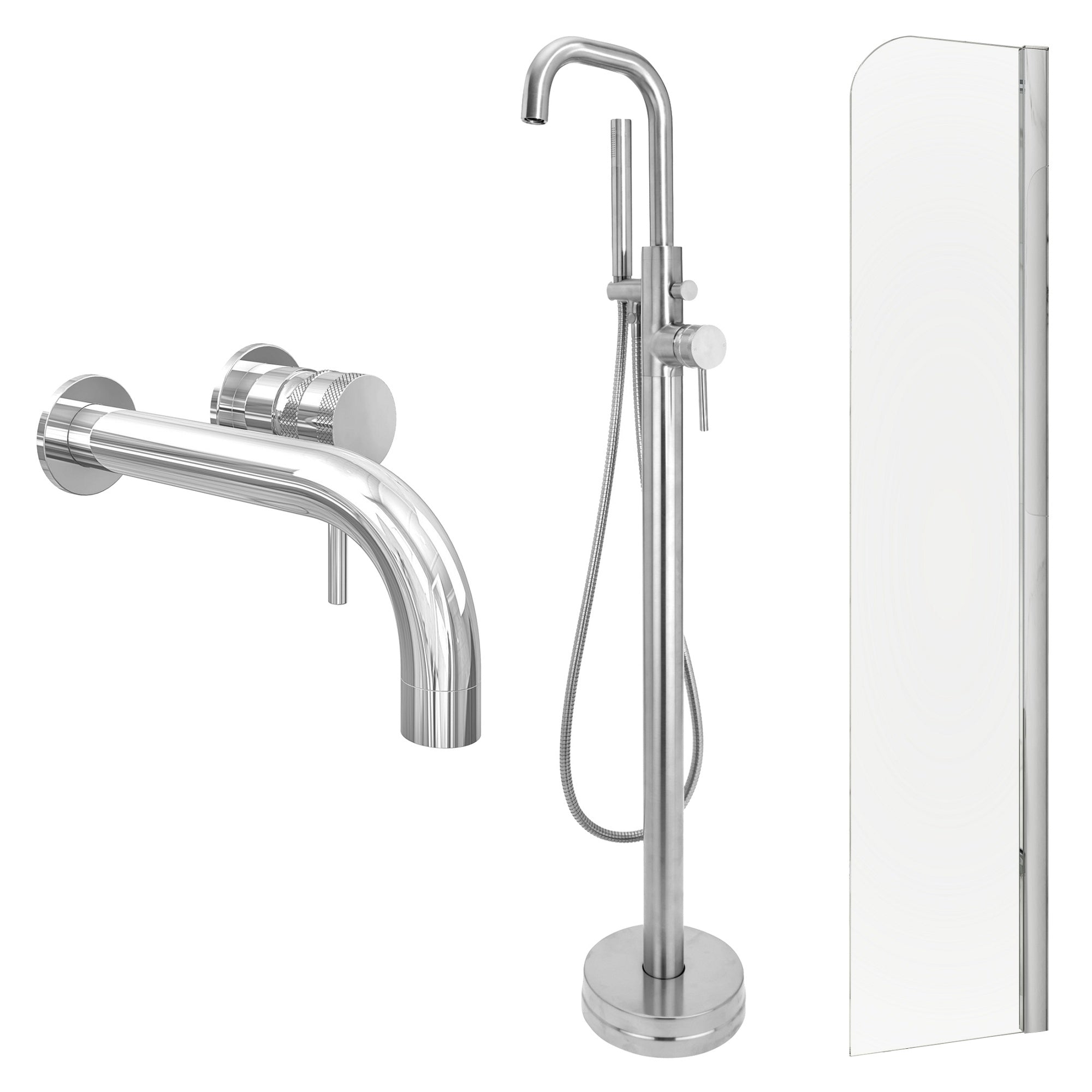 Chrome Wall Mounted Basin Mixer Tap, Freestanding Bath Shower Mixer and Radius Bath Screen