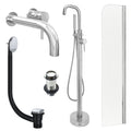 Chrome Wall Mounted Basin Mixer Tap, Freestanding Bath Shower Mixer and Unslotted Basin and Bath Waste and Radius Bath Screen