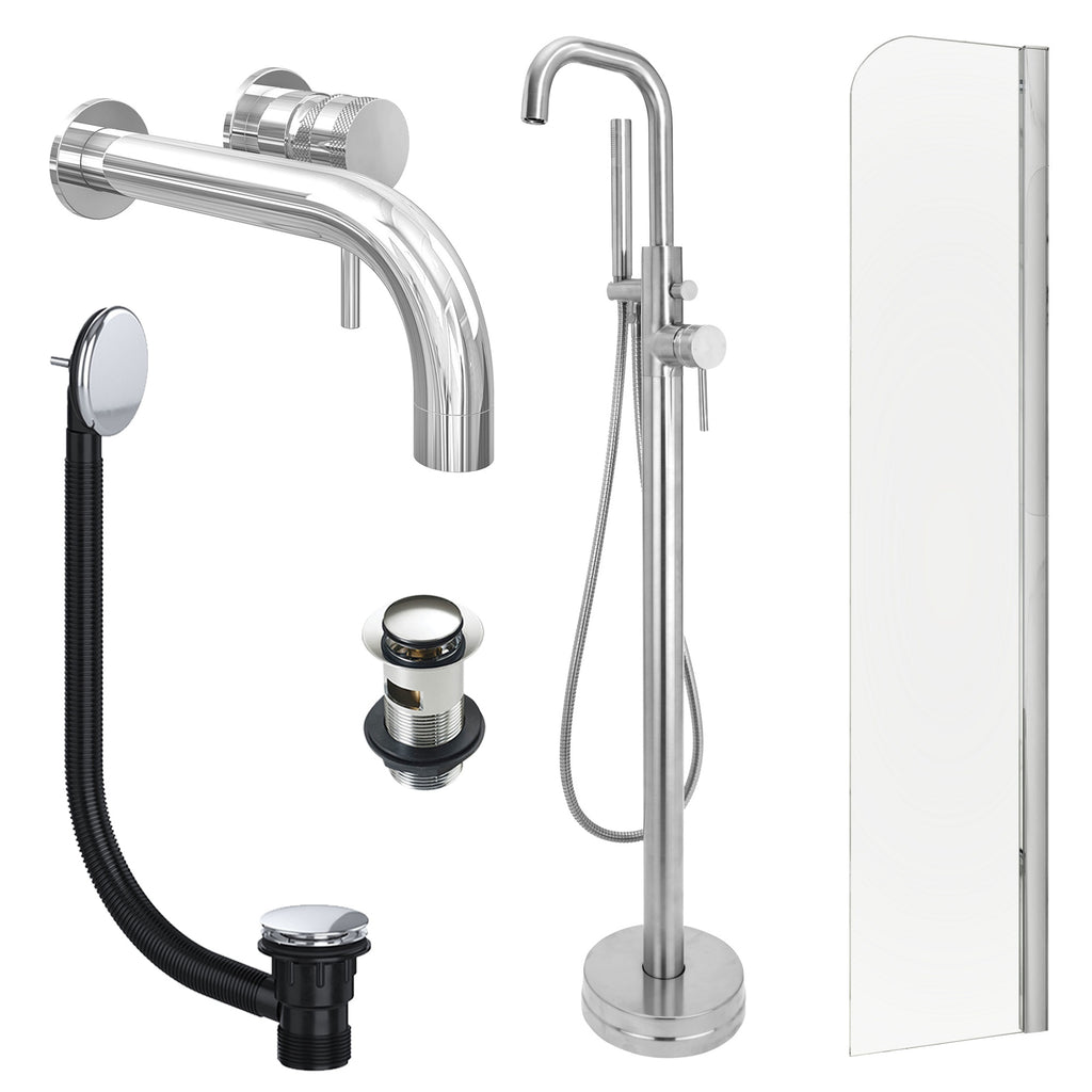 Chrome Wall Mounted Basin Mixer Tap, Freestanding Bath Shower Mixer and Slotted Basin and Bath Waste and Radius Bath Screen
