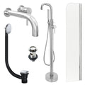 Chrome Wall Mounted Basin Mixer Tap, Freestanding Bath Shower Mixer and Slotted Basin and Bath Waste and Radius Bath Screen