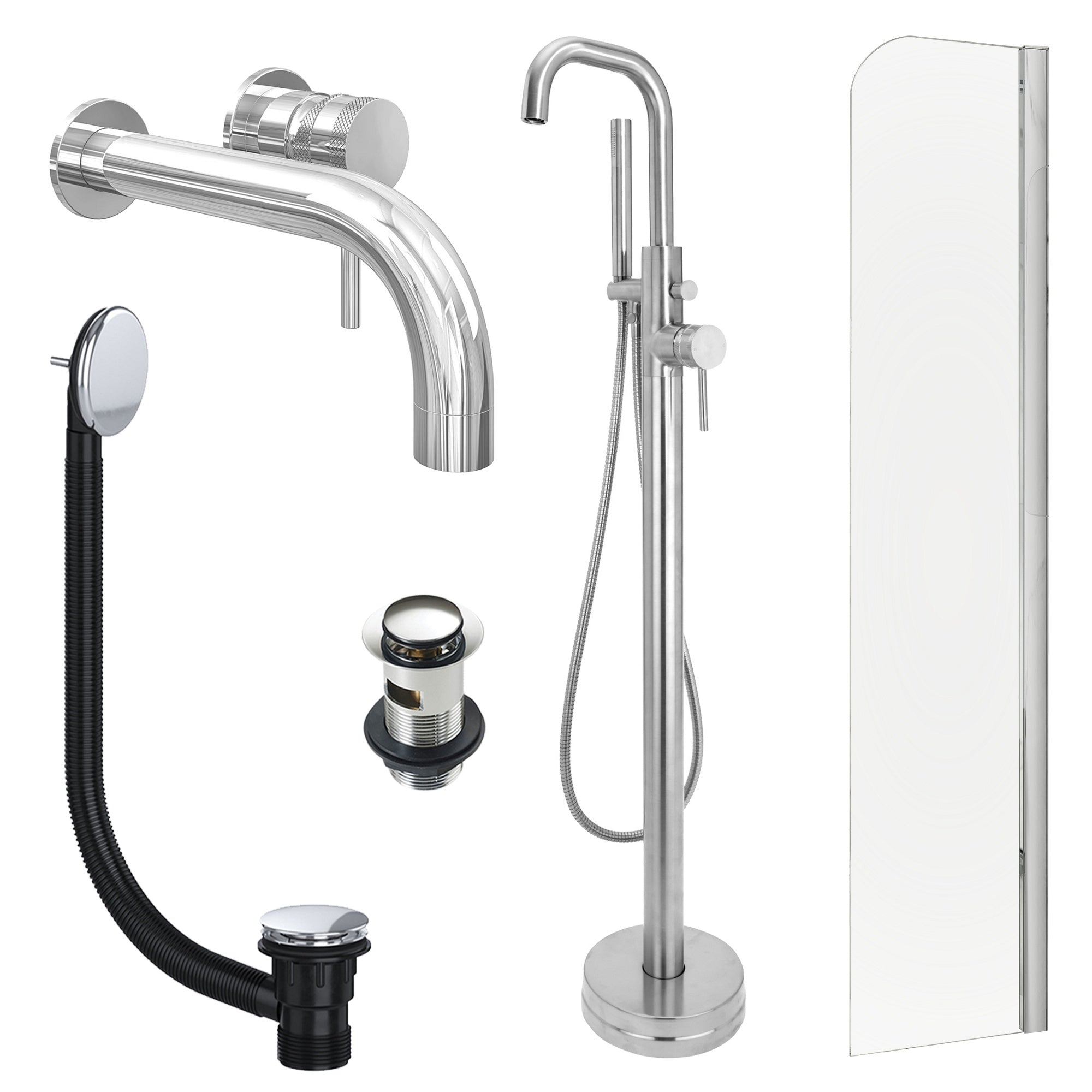 Chrome Wall Mounted Basin Mixer Tap, Freestanding Bath Shower Mixer and Slotted Basin and Bath Waste and Radius Bath Screen