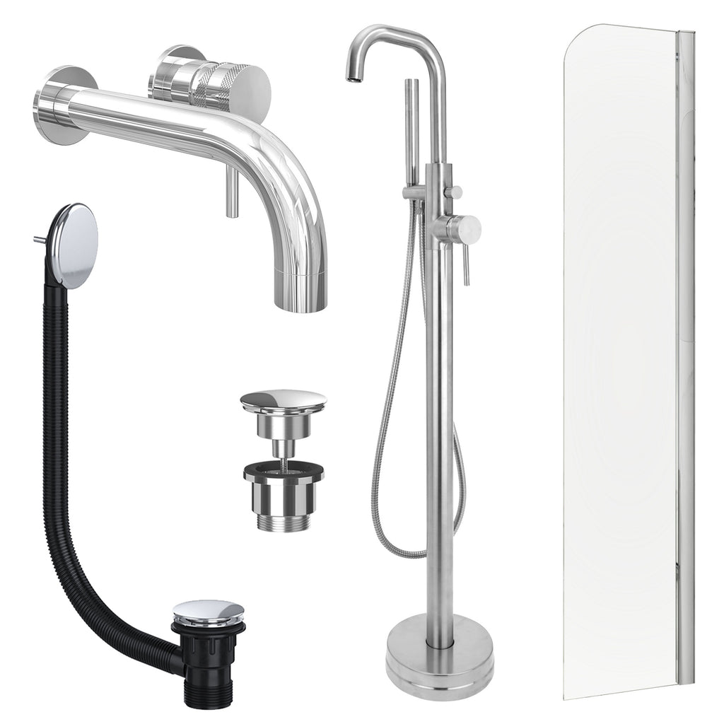Chrome Wall Mounted Basin Mixer Tap, Freestanding Bath Shower Mixer and Universal Basin and Bath Waste and Radius Bath Screen