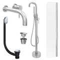 Chrome Wall Mounted Basin Mixer Tap, Freestanding Bath Shower Mixer and Universal Basin and Bath Waste and Radius Bath Screen