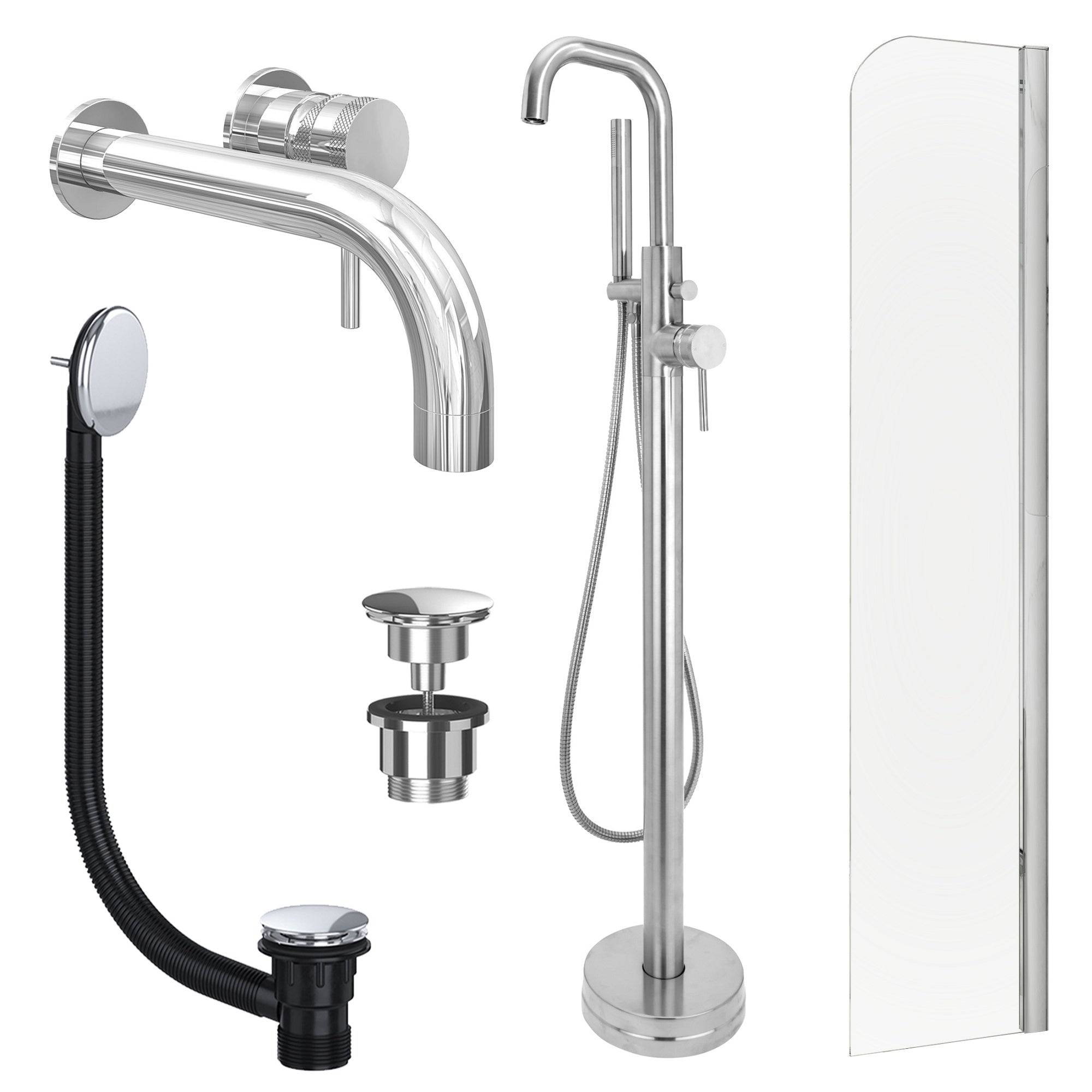 Chrome Wall Mounted Basin Mixer Tap, Freestanding Bath Shower Mixer and Universal Basin and Bath Waste and Radius Bath Screen