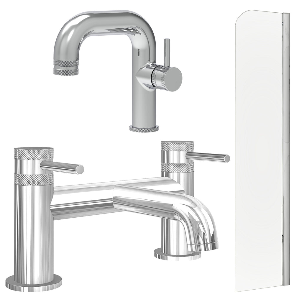Chrome Side Lever Basin Mixer Tap with Bath Filler and Radius Bath Screen