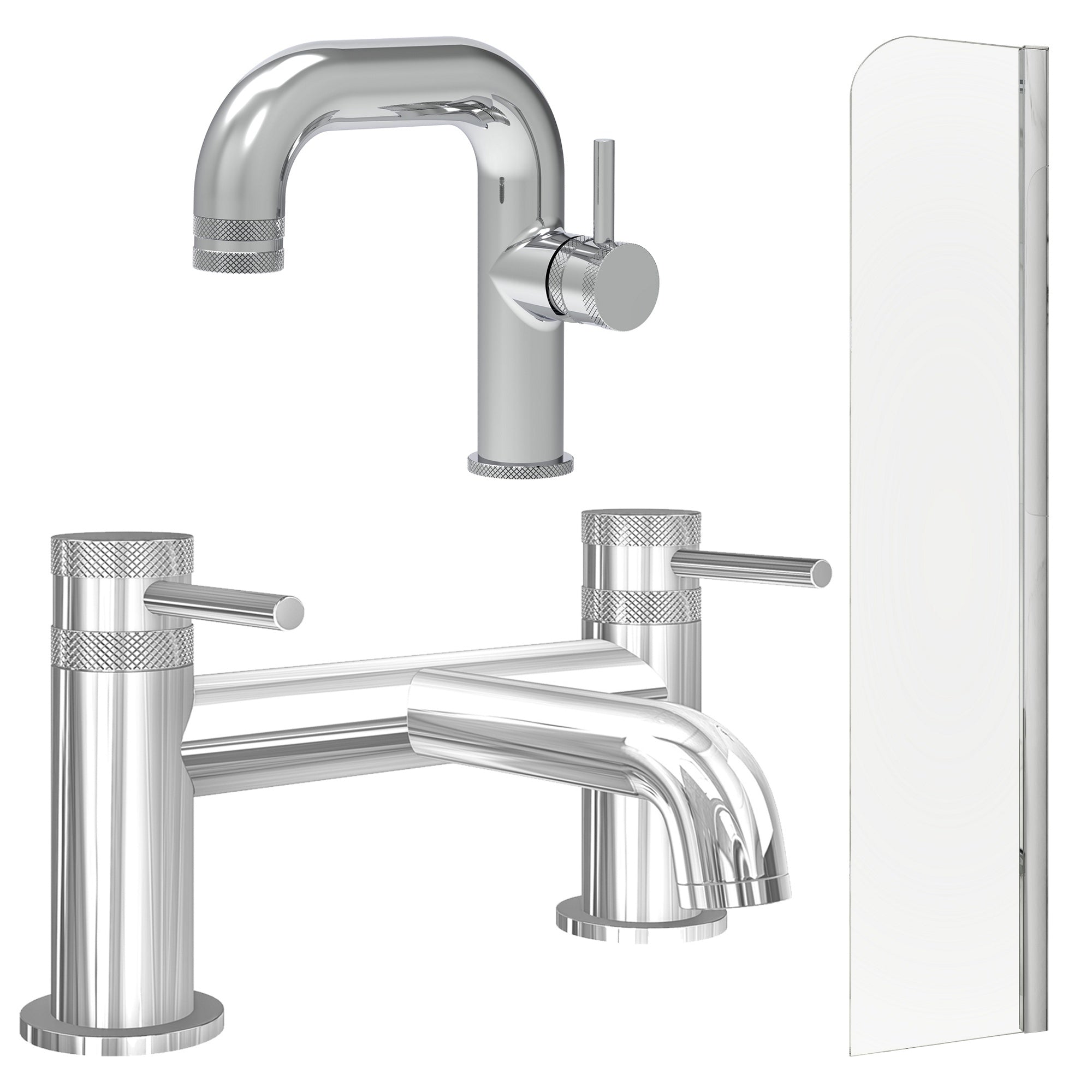 Chrome Side Lever Basin Mixer Tap with Bath Filler and Radius Bath Screen