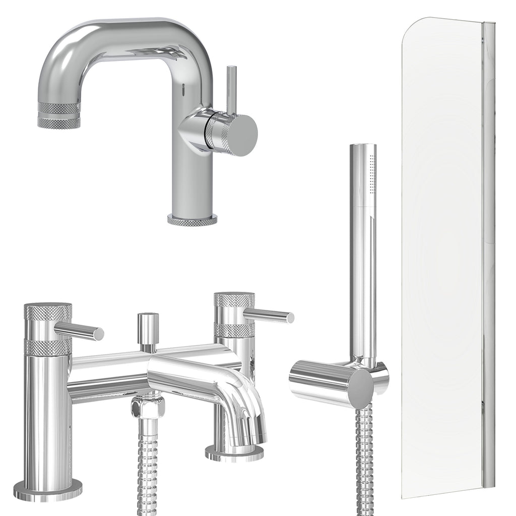 Chrome Side Lever Basin Mixer Tap, Bath Shower Mixer and Radius Bath Screen