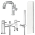 Chrome Side Lever Basin Mixer Tap, Bath Shower Mixer and Radius Bath Screen