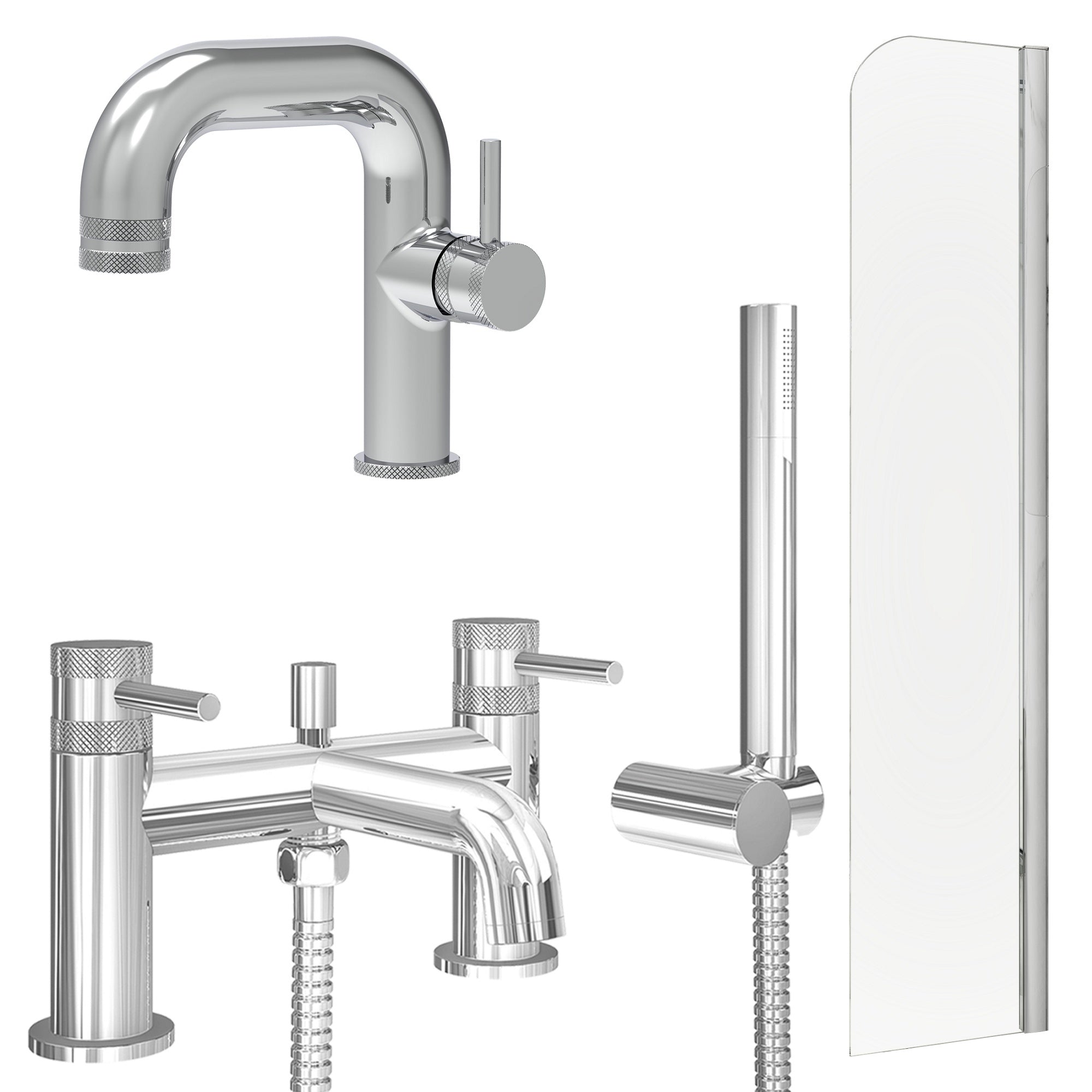 Chrome Side Lever Basin Mixer Tap, Bath Shower Mixer and Radius Bath Screen