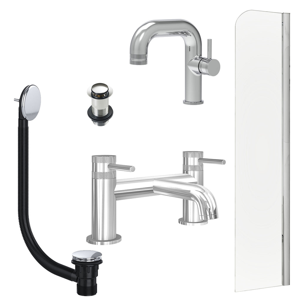 Chrome Side Lever Basin Mixer Tap, Bath Filler with Unslotted Basin and Bath Waste and Radius Bath Screen