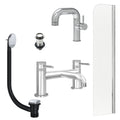 Chrome Side Lever Basin Mixer Tap, Bath Filler with Unslotted Basin and Bath Waste and Radius Bath Screen