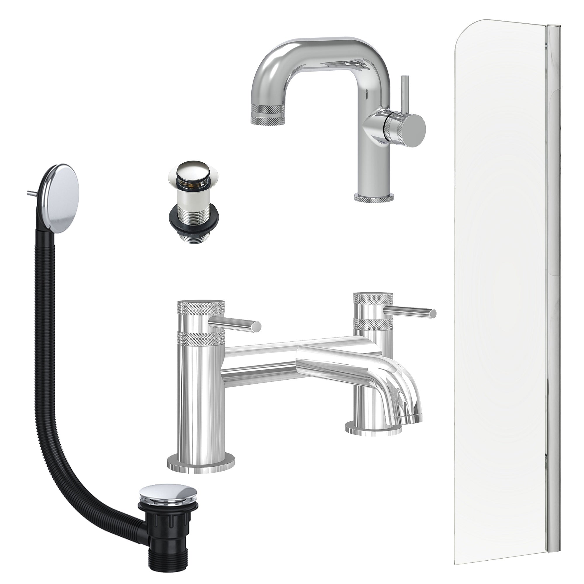 Chrome Side Lever Basin Mixer Tap, Bath Filler with Unslotted Basin and Bath Waste and Radius Bath Screen