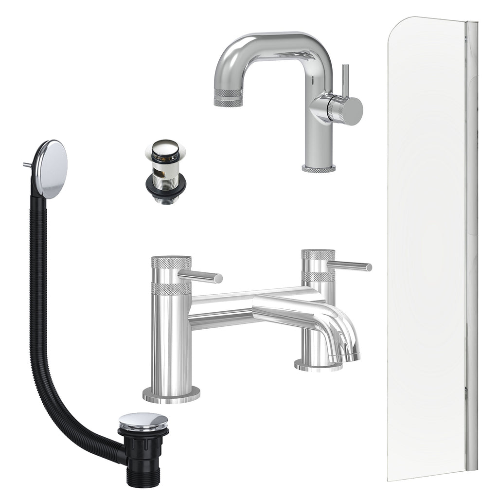 Chrome Side Lever Basin Mixer Tap, Bath Filler with Slotted Basin and Bath Waste and Radius Bath Screen