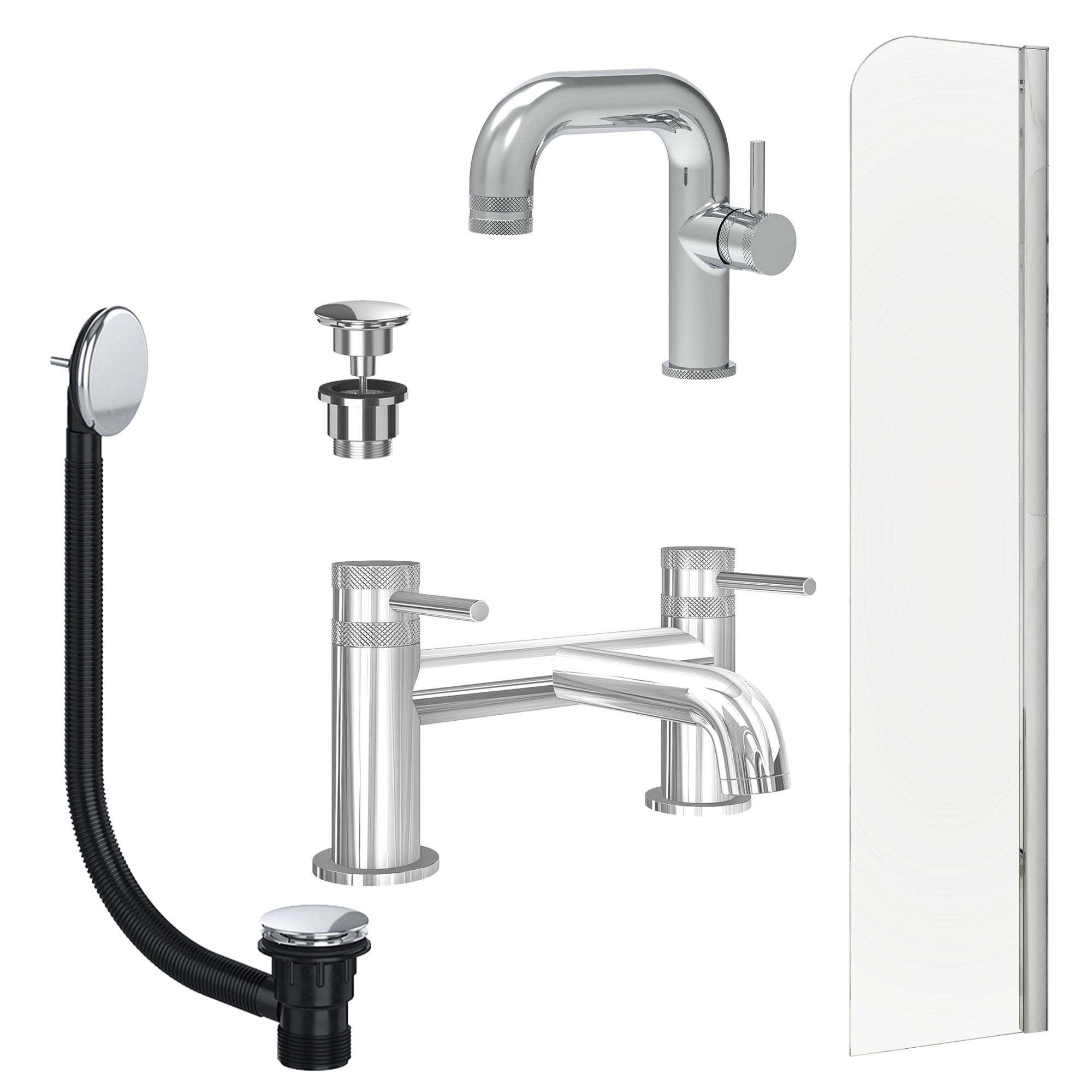 Chrome Side Lever Basin Mixer Tap, Bath Filler with Universal Basin and Bath Waste and Radius Bath Screen