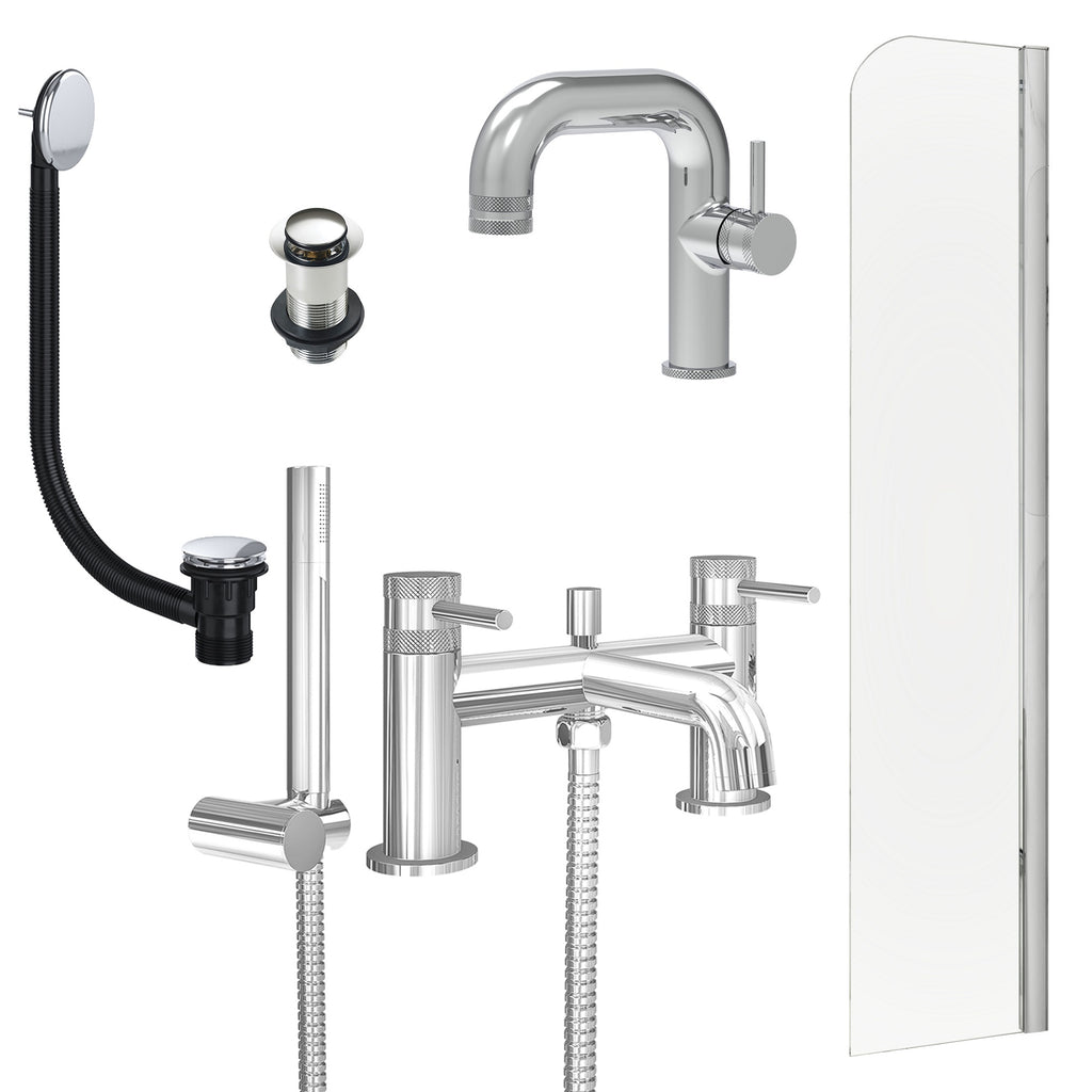 Chrome Side Lever Basin Mixer Tap, Bath Shower Mixer with Unslotted Basin and Bath Waste and Radius Bath Screen