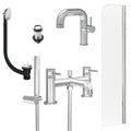 Chrome Side Lever Basin Mixer Tap, Bath Shower Mixer with Unslotted Basin and Bath Waste and Radius Bath Screen