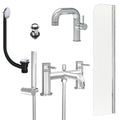 Chrome Side Lever Basin Mixer Tap, Bath Shower Mixer with Slotted Basin and Bath Waste and Radius Bath Screen