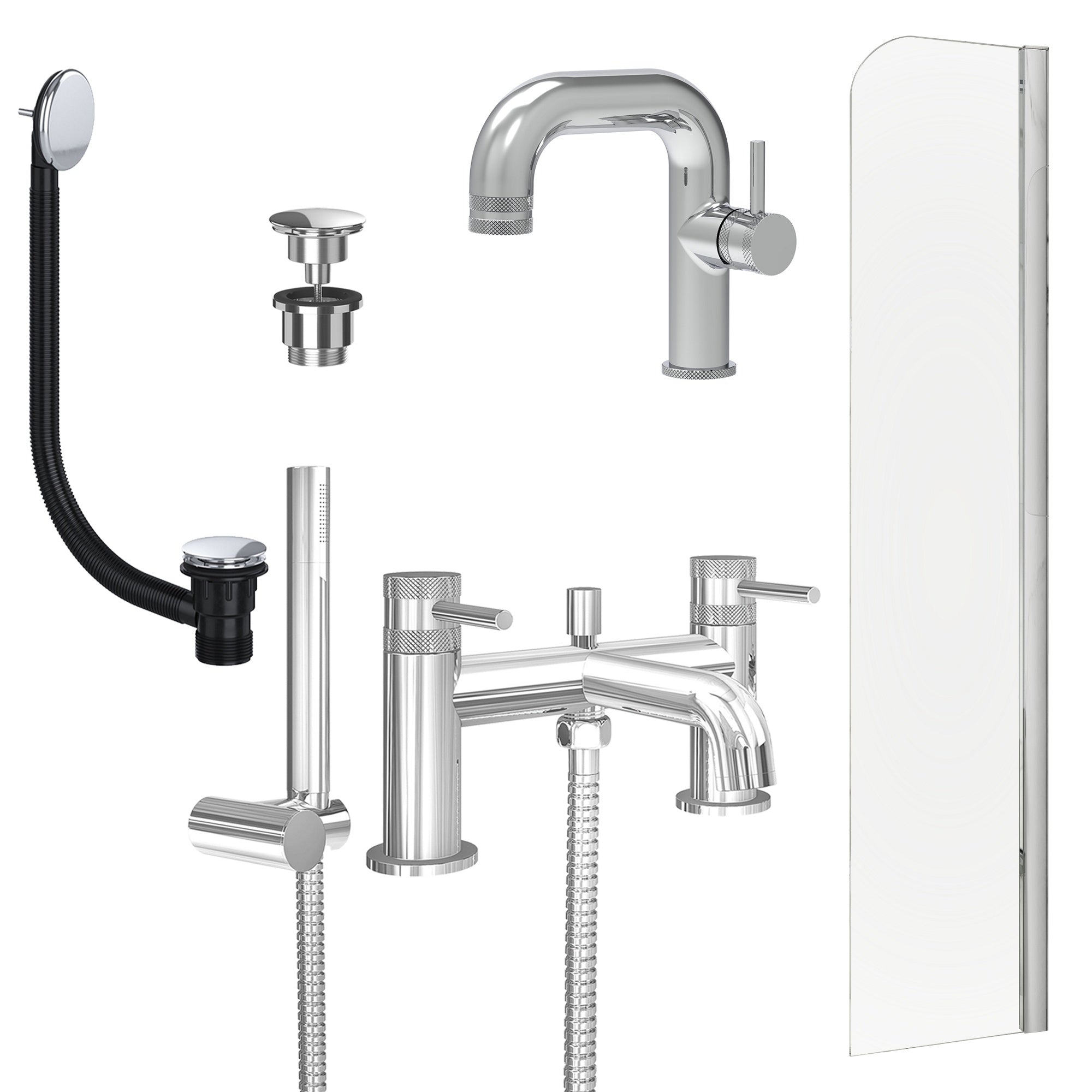 Chrome Side Lever Basin Mixer Tap, Bath Shower Mixer with Universal Basin and Bath Waste and Radius Bath Screen