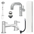 Chrome Side Lever Basin Mixer Tap, Bath Filler and Rigid Shower with Unslotted Basin and Bath Waste and Radius Bath Screen