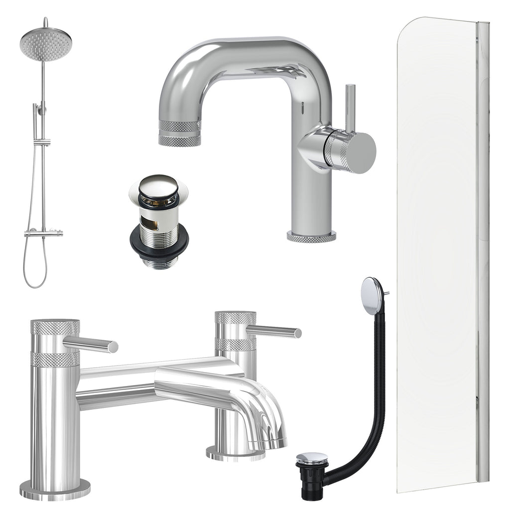 Chrome Side Lever Basin Mixer Tap, Bath Filler and Rigid Shower with Slotted Basin and Bath Waste and Radius Bath Screen