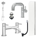 Chrome Side Lever Basin Mixer Tap, Bath Filler and Rigid Shower with Slotted Basin and Bath Waste and Radius Bath Screen