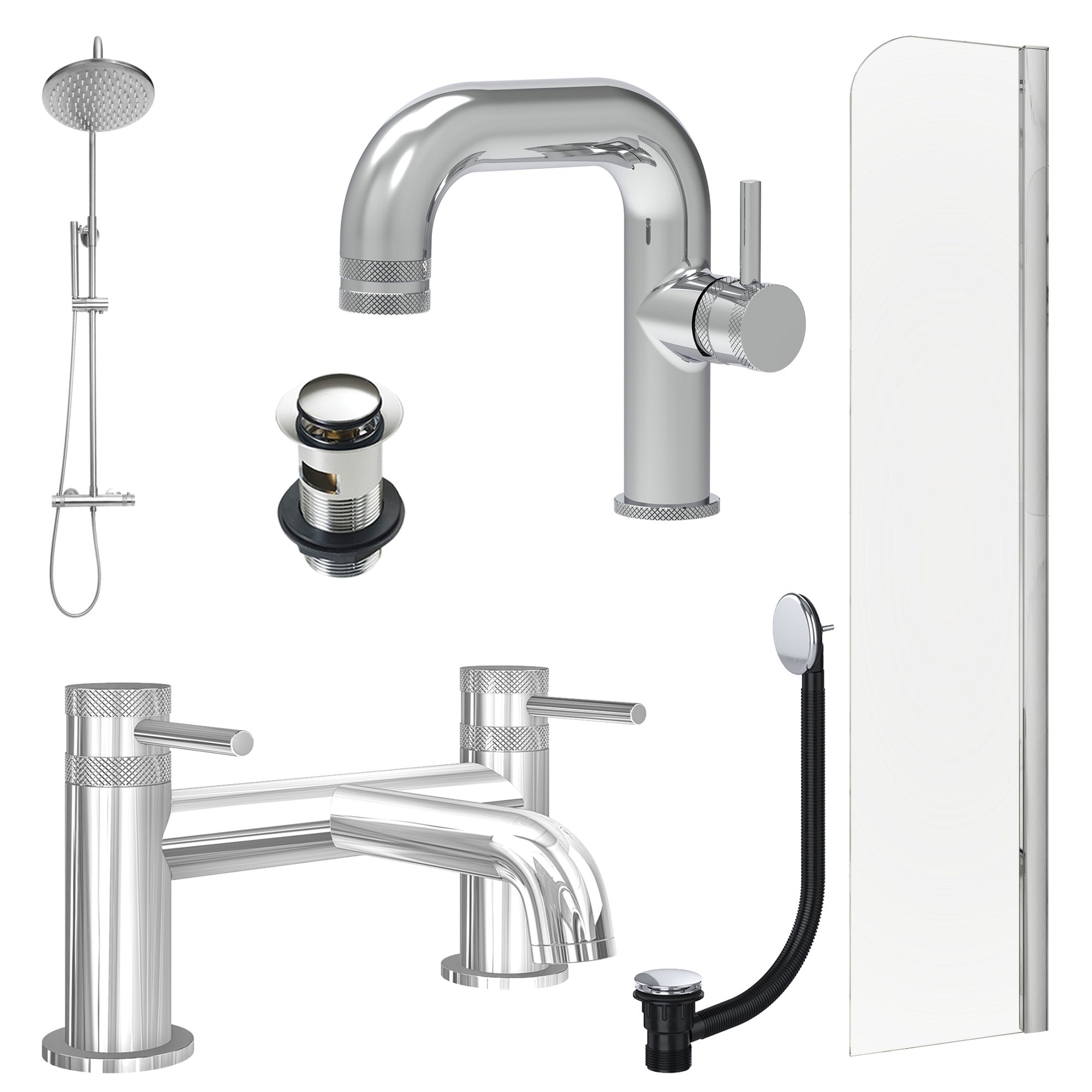Chrome Side Lever Basin Mixer Tap, Bath Filler and Rigid Shower with Slotted Basin and Bath Waste and Radius Bath Screen