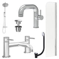 Chrome Side Lever Basin Mixer Tap, Bath Filler and Rigid Shower with Universal Basin and Bath Waste and Radius Bath Screen