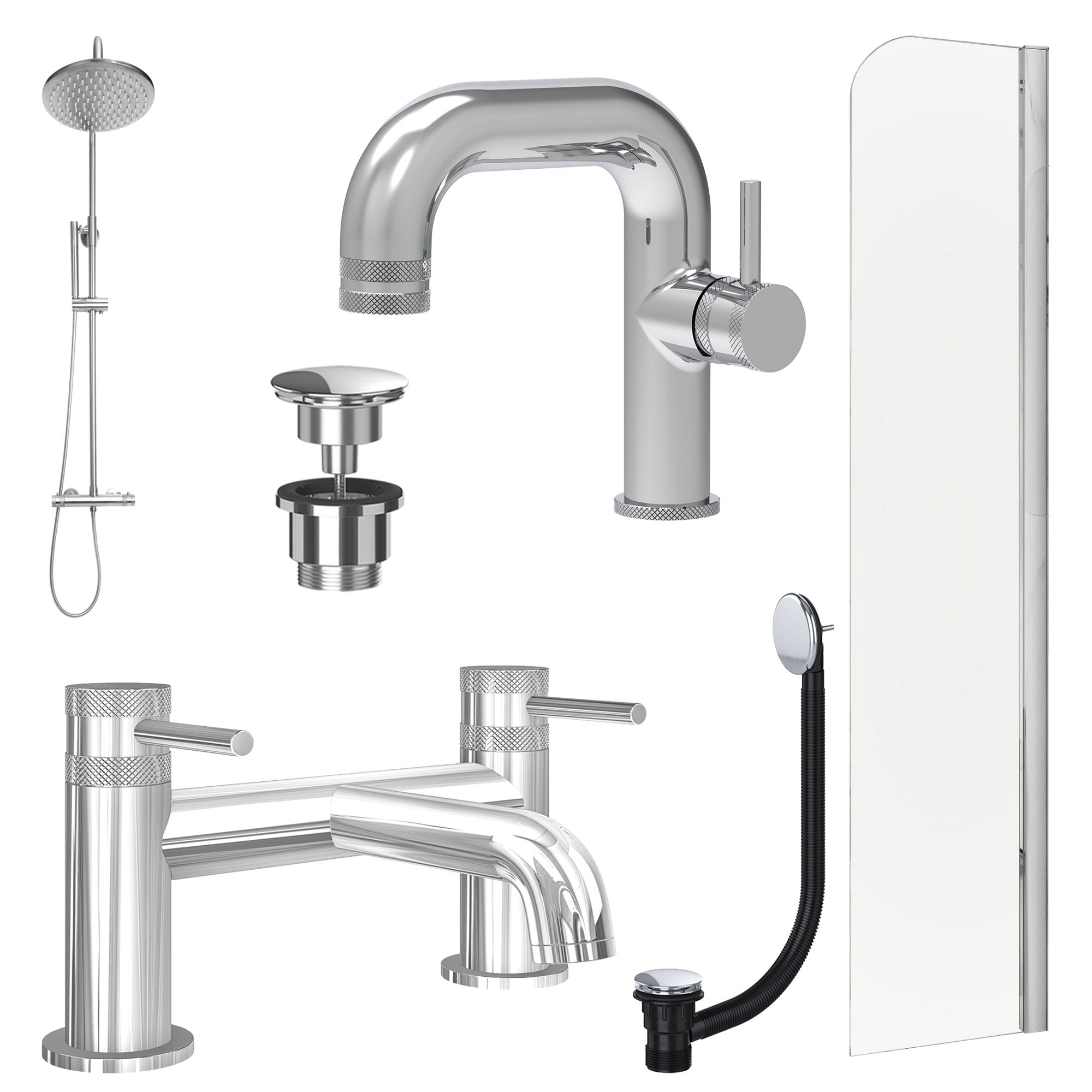 Chrome Side Lever Basin Mixer Tap, Bath Filler and Rigid Shower with Universal Basin and Bath Waste and Radius Bath Screen