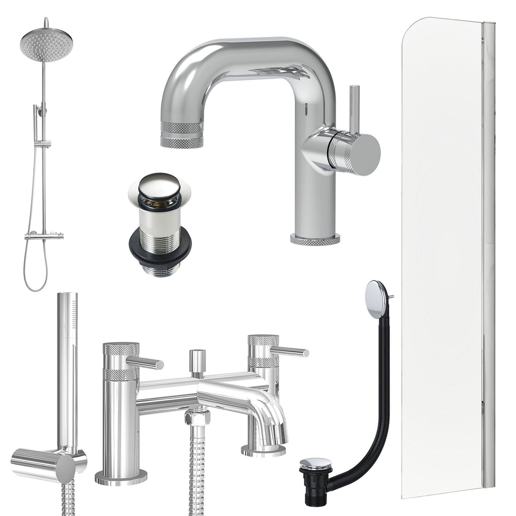 Chrome Side Lever Basin Mixer Tap, Bath Shower Mixer and Rigid Shower with Unslotted Basin and Bath Waste and Radius Bath Screen