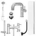 Chrome Side Lever Basin Mixer Tap, Bath Shower Mixer and Rigid Shower with Unslotted Basin and Bath Waste and Radius Bath Screen