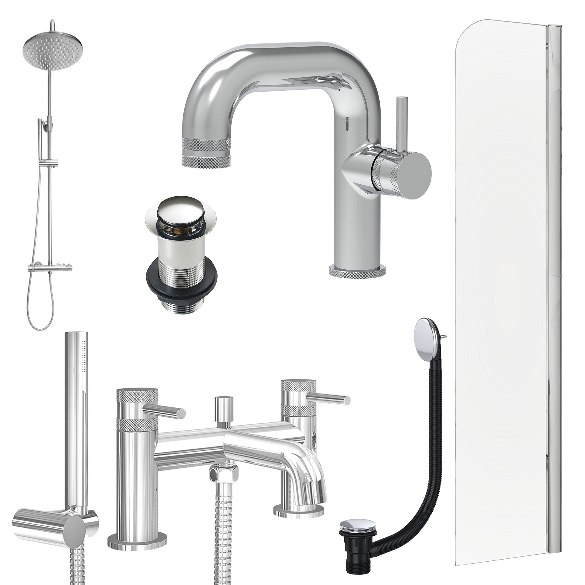 Chrome Side Lever Basin Mixer Tap, Bath Shower Mixer and Rigid Shower with Unslotted Basin and Bath Waste and Radius Bath Screen