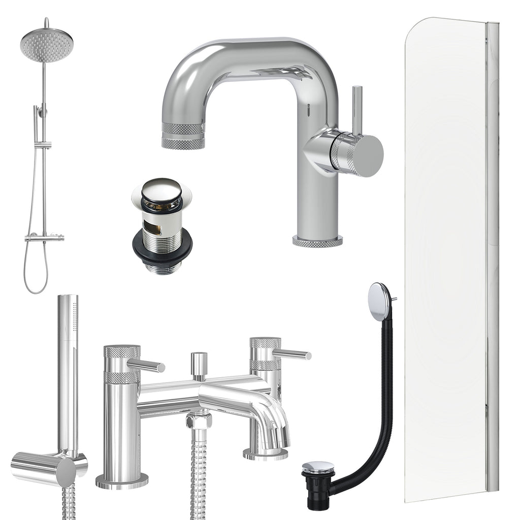 Chrome Side Lever Basin Mixer Tap, Bath Shower Mixer and Rigid Shower with Slotted Basin and Bath Waste and Radius Bath Screen