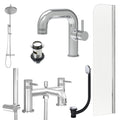 Chrome Side Lever Basin Mixer Tap, Bath Shower Mixer and Rigid Shower with Slotted Basin and Bath Waste and Radius Bath Screen
