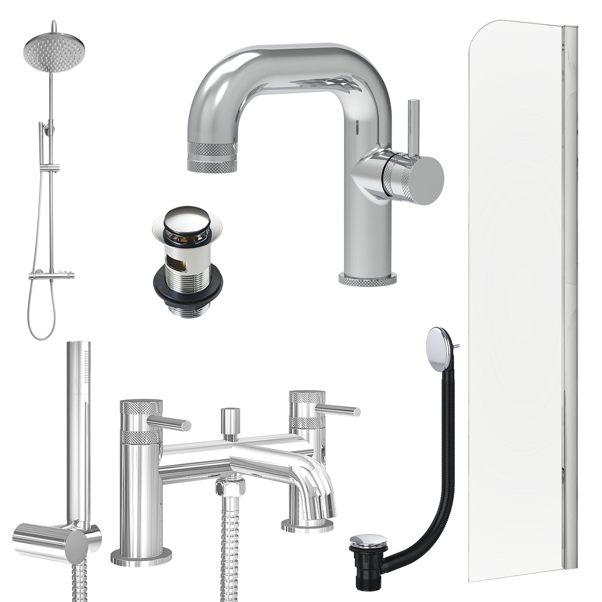 Chrome Side Lever Basin Mixer Tap, Bath Shower Mixer and Rigid Shower with Slotted Basin and Bath Waste and Radius Bath Screen