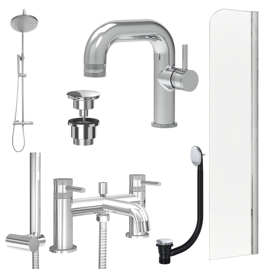 Chrome Side Lever Basin Mixer Tap, Bath Shower Mixer and Rigid Shower with Universal Basin and Bath Waste and Radius Bath Screen
