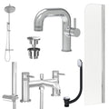 Chrome Side Lever Basin Mixer Tap, Bath Shower Mixer and Rigid Shower with Universal Basin and Bath Waste and Radius Bath Screen