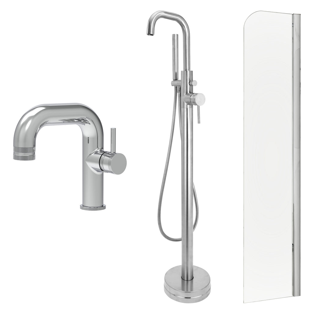 Chrome Side Lever Basin Mixer Tap, Freestanding Bath Shower Mixer and Radius Bath Screen